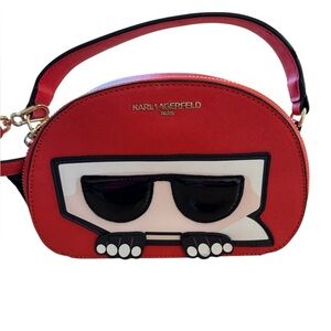 Karl Lagerfeld Orange Red Iconic Karl Face with Sunglasses Crossbody Bag